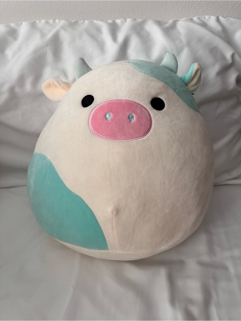 Kellytoy Cream Plush Cow Pillow with Mint Patches and Pink Snout